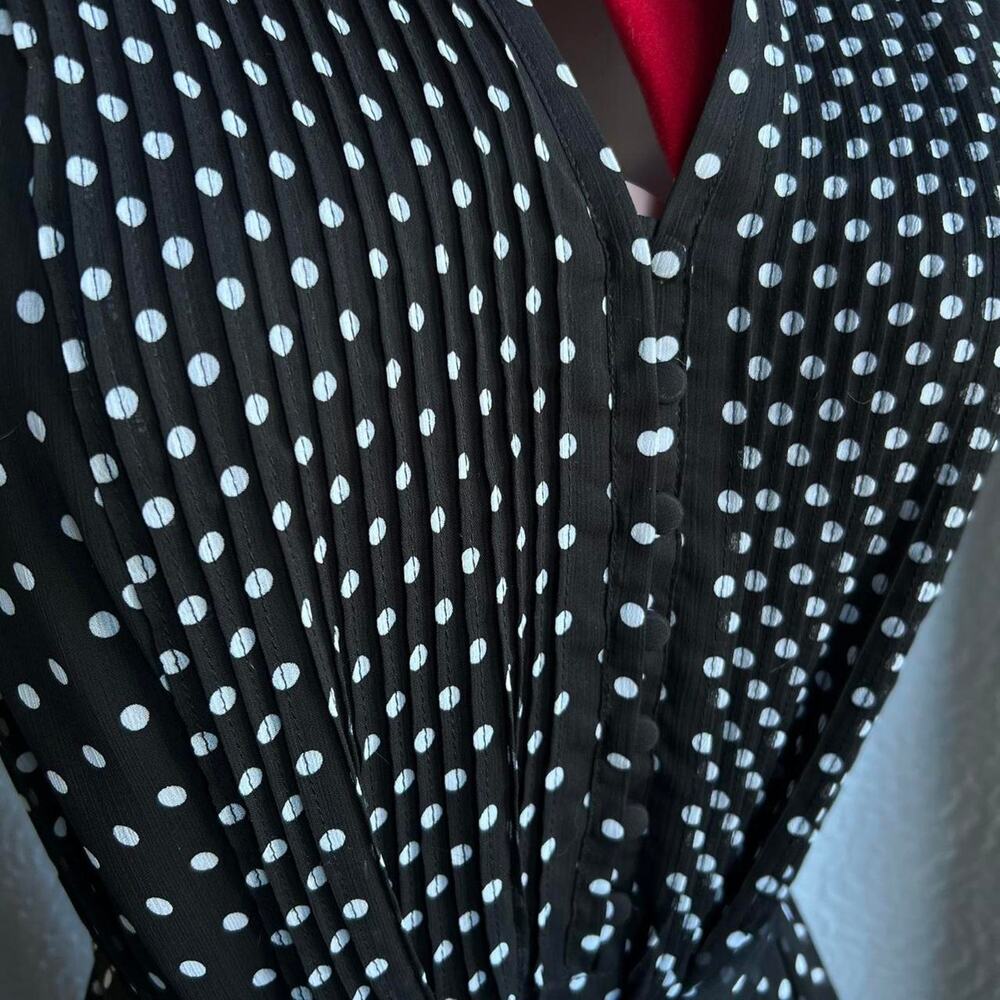 Black & White Polka Dot Midi Dress Sheer Keyhole Sleeves Removable Tie Size 14 - Picture 6 of 8